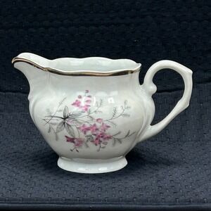 Karolina Poland Porcelain Creamer Pitcher Pink Floral Silver Trim Vintage 3879